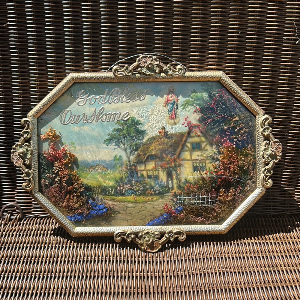 Antique Shadowbox 🏡 God Bless Our Home Bubble Glass Blessing W/ Dried Flowers